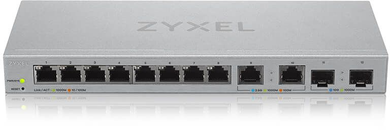 Коммутатор Мультигигабитный Smart L2 коммутатор Zyxel XGS1210-12, 8xGE, 2x1/2,5GE, 2xSFP+, настольный, бесшумный (XGS1210-12-ZZ0102F)