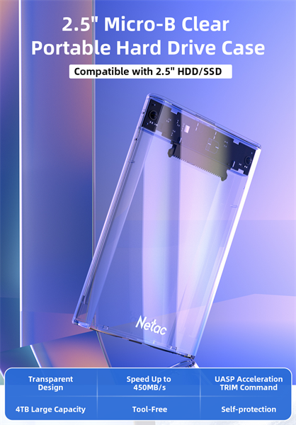 Внешний корпус для HDD/SSD Netac NT07WH11-30B0 2.5 SATA --> USB3.0 , скользящая прозрачная крышка, USB3.0 A --> B кабель