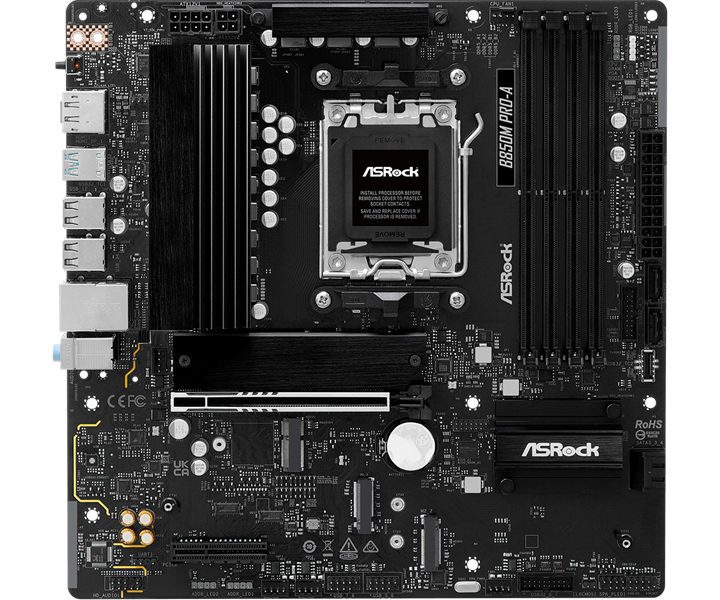 Материнская плата ASROCK B850M PRO-A, AM5, B850, 4*DDR5, 4*SATA, 4*M.2, 4*USB 2.0, 3*USB 3.2, 2*Type-C, 2*PCIx16, 1*M.2 (Key E), HDMI+DP, mATX