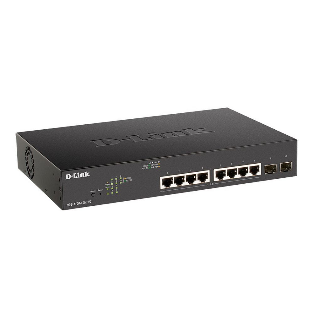 Коммутатор D-Link DGS-1100-10MPV2/A3A, L2 Smart Switch with 8 10/100/1000Base-T ports and 2 1000Base-X SFP ports (8 PoE ports 802.3af/802.3at(30 W), PoE Budget 130 W).16K Mac address, 802.3x Flow Control, 802.3a (DGS-1100-10MPV2/A3A)