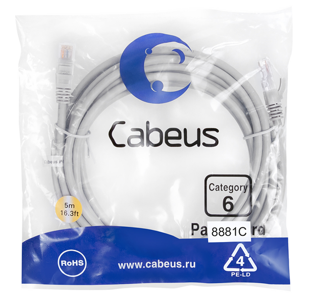 Патч-корд u/utp, категория 6, 2xrj45/8p8c, 5м Cabeus PC-UTP-RJ45-Cat.6-5m-LSZH Патч-корд U/UTP, категория 6, 2xRJ45/8p8c, неэкранированный, серый, LSZH, 5м (PC-UTP-RJ45-CAT.6-5M-LSZH)