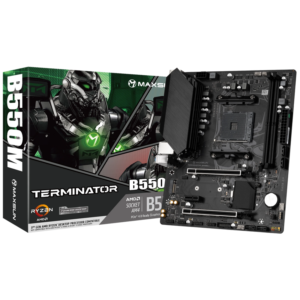 Материнская плата Maxsun MS-Terminator B550M B550, AM4, 2*DDR4, 1*PCIEx16, 1*PCIEx4, 1*PCIEx1, 1*M.2, 4*USB3.2Gen1, 6*USB2.0, 4*SATA3.0, 1G, VGA, HDMI, M-ATX, RTL