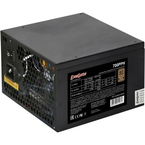 Exegate EX282154RUS-S Блок питания 700W ExeGate 80 PLUS® Bronze 700PPH (ATX, APFC, SC, КПД 85% (89 PLUS Bronze), 12cm fan, 24pin, 2x(4+4)pin, 4xPCI-E, 8xSATA, 4xIDE, RTL (color box), black, кабель 220
