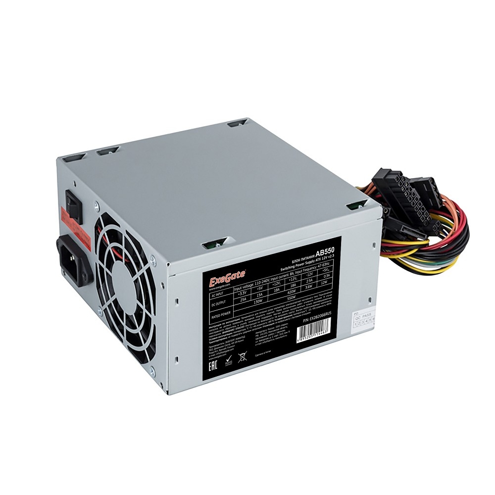 Exegate EX282066RUS-S Блок питания 550W ExeGate AB550, ATX, SC, 8cm fan, 24p+4p, 3*SATA, 2*IDE, FDD