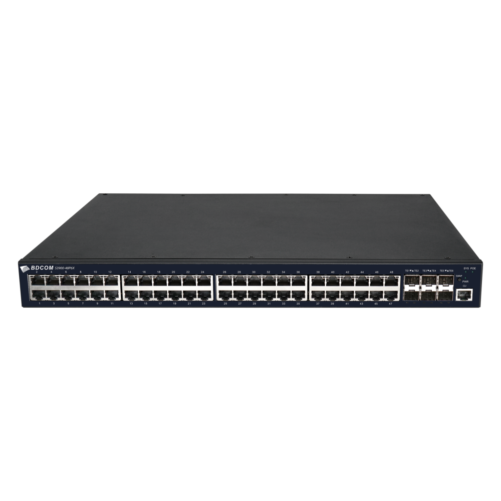 Управляемый PoE коммутатор уровня 3 BDCOM S3900-48P6X, 48x 10/100/1000BaseT PoE 802.3af/at до 740W, 6x 1/10GE SFP+, Hot Swap БП 1+1