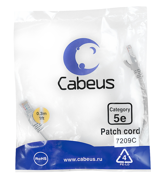 Cabeus PC-UTP-RJ45-Cat.5e-0.3m Патч-корд U/UTP, категория 5е, 2xRJ45/8p8c, неэкранированный, серый, PVC, 0.3м (PC-UTP-RJ45-Cat.5e-0.3m)