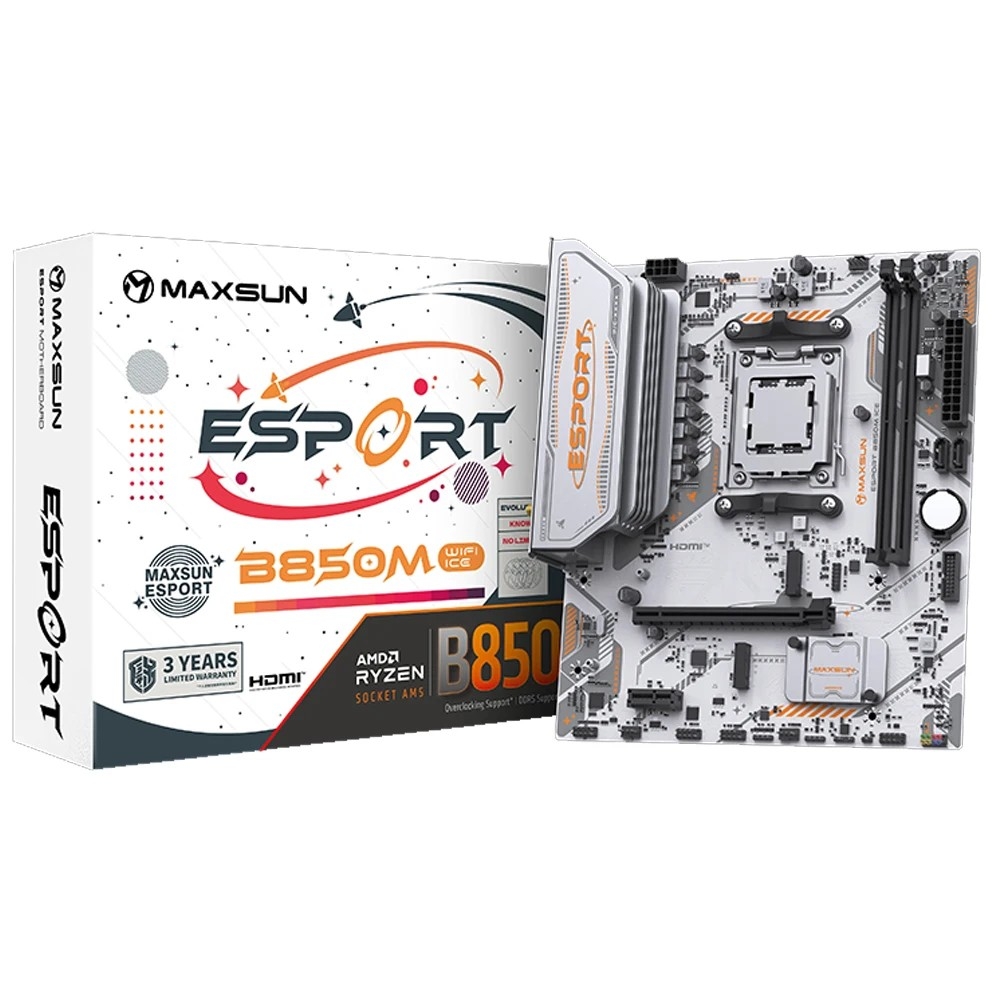 MAXSUN MS-eSport B850M WIFI ICE (Socket AM5, mATX, 2*DDR5(96Gb), DP/HDMI, 2*SATA3, 2*M.2, 1*PCIEx16/1*PCIEx1, 2*USB2.0, 4*USB 3.0, Bluetooth, Wi-Fi 802.11ax, RTL)
