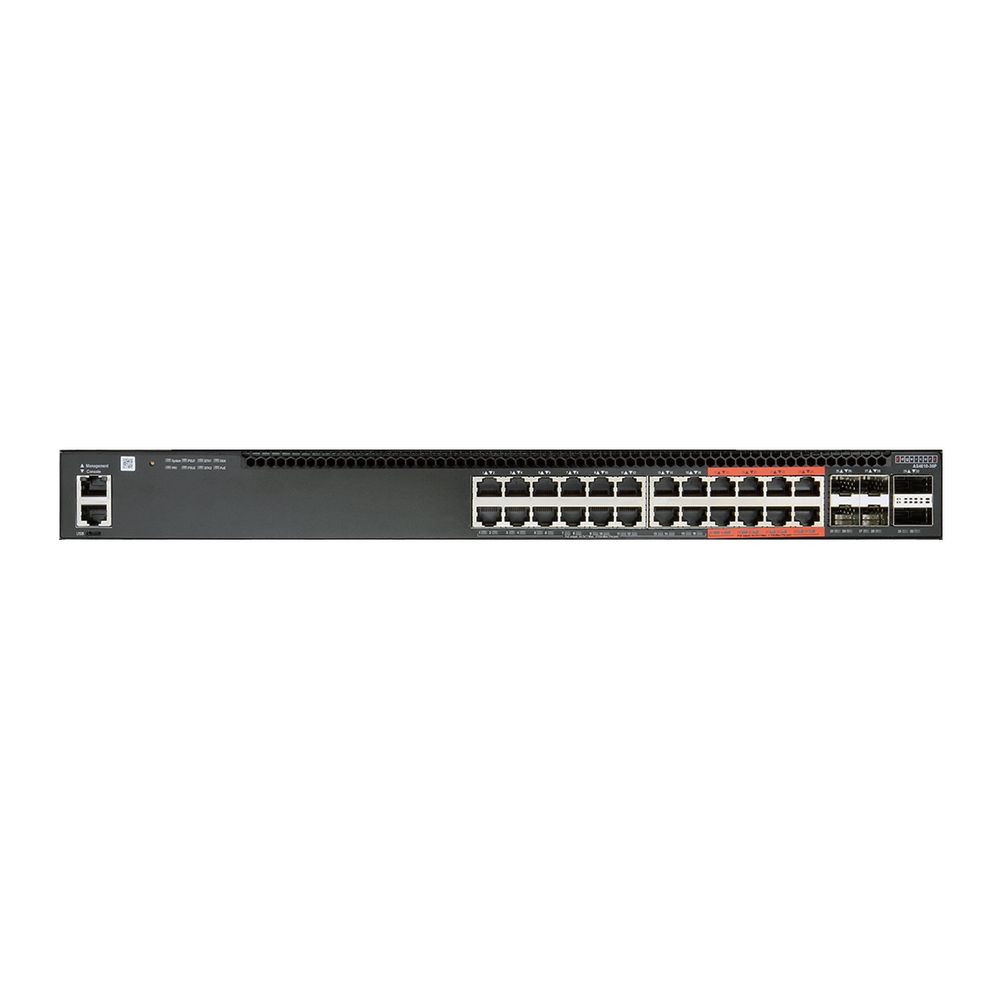 4610-30P-O-AC-F Edge-corE AS4610-30P, 24-Port GE RJ45 port PoE+, last 8 ports Ultra-PoE, 960W PoE Bugdet, 4x10G SFP+, 2 port 20G QSFP+ for stacking, Broadcom Helix 4, Dual-core ARM Cortex A9 1GHz, dual 110-230VAC 600W hot-swappable PSUs, one fixed syste