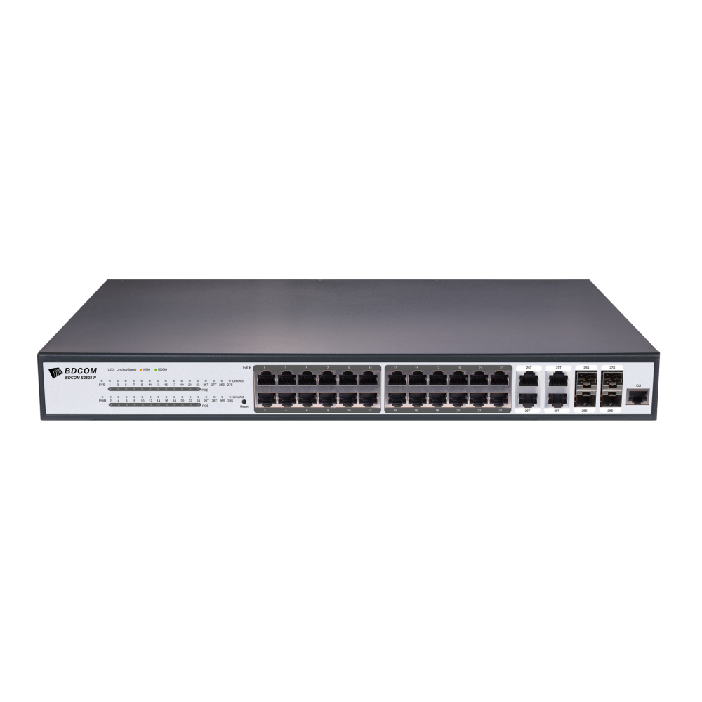 Управляемый PoE коммутатор уровня 2 BDCOM S2528-P, 24x 10/100/1000Base-T PoE 802.3af/at до 370W, 4x combo 1G SFP/RJ45, 220VAC