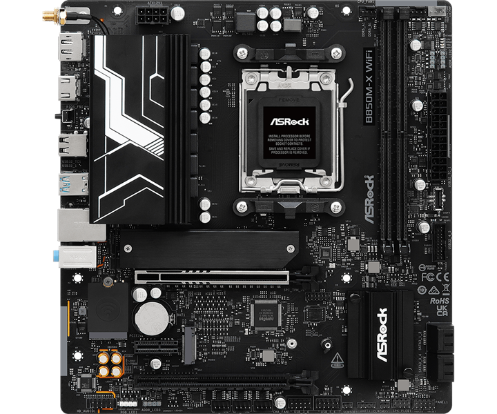 Материнская плата ASROCK B850M-X WIFI R2.0, AM5, B850, 2*DDR5, 4*SATA, 2*M.2, 2*USB 2.0, 3*USB 3.2, Type-C, 2*PCIx16, 1*M.2 (Key E), HDMI+DP, mATX