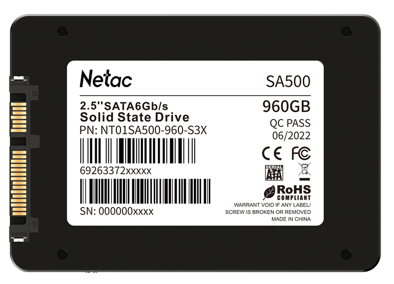 Ssd накопитель Netac SSD SA500 2.5 SATAIII 3D NAND 960GB, R/W up to 530/475MB/s, 3y wty (NT01SA500-960-S3X)