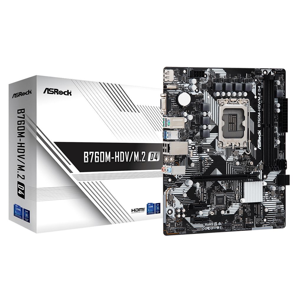 Материнская плата ASROCK B760M-HDV/M.2 D4, LGA1700, B760, 4*DDR4, HDMI+DP+D-Sub, 4xSATA3 6.0 (RAID), M.2 Socket, 4xUSB 3.2, 1xUSB2.0, Type-C, mATX; 90-MXBL40-A0UAYZ (B760M-HDV/M.2 D4)
