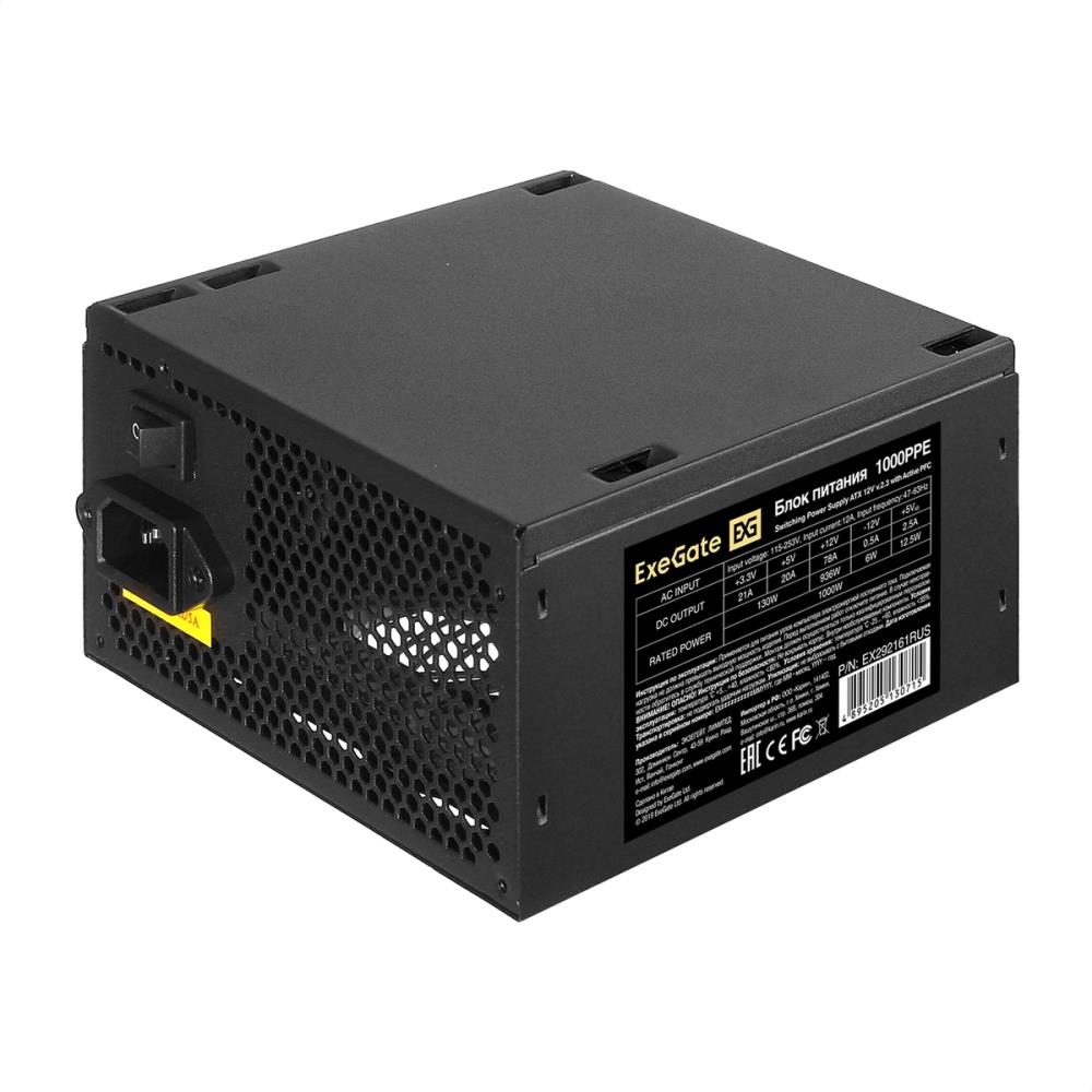 Exegate EX292161RUS Блок питания 1000W ExeGate 1000PPE (ATX, APFC, КПД 80% (80 PLUS), 12cm fan, 20+4pin, 2x2x(4+4)pin, 6xPCI-E, 6xSATA, 4xIDE, black)