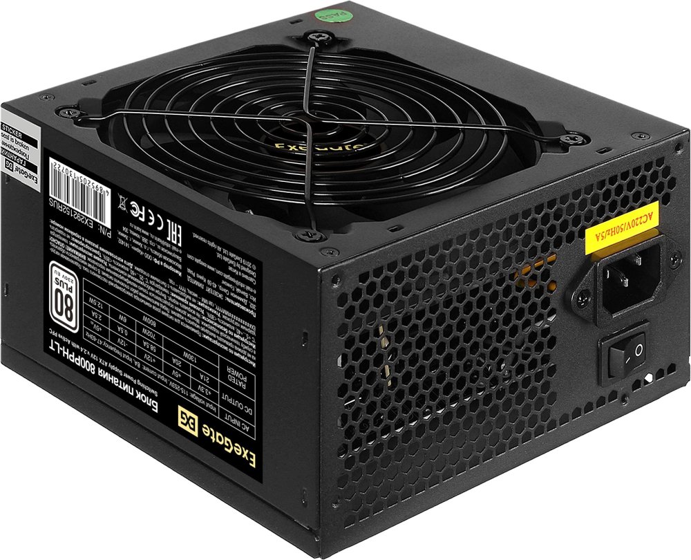 Exegate EX292152RUS Блок питания 800W ExeGate 80 PLUS® 800PPH-LT (ATX, APFC, КПД 82% (80 PLUS), 12cm fan, 24pin, 2x(4+4)pin, PCIe, 5xSATA, 3xIDE, black, Color Box)