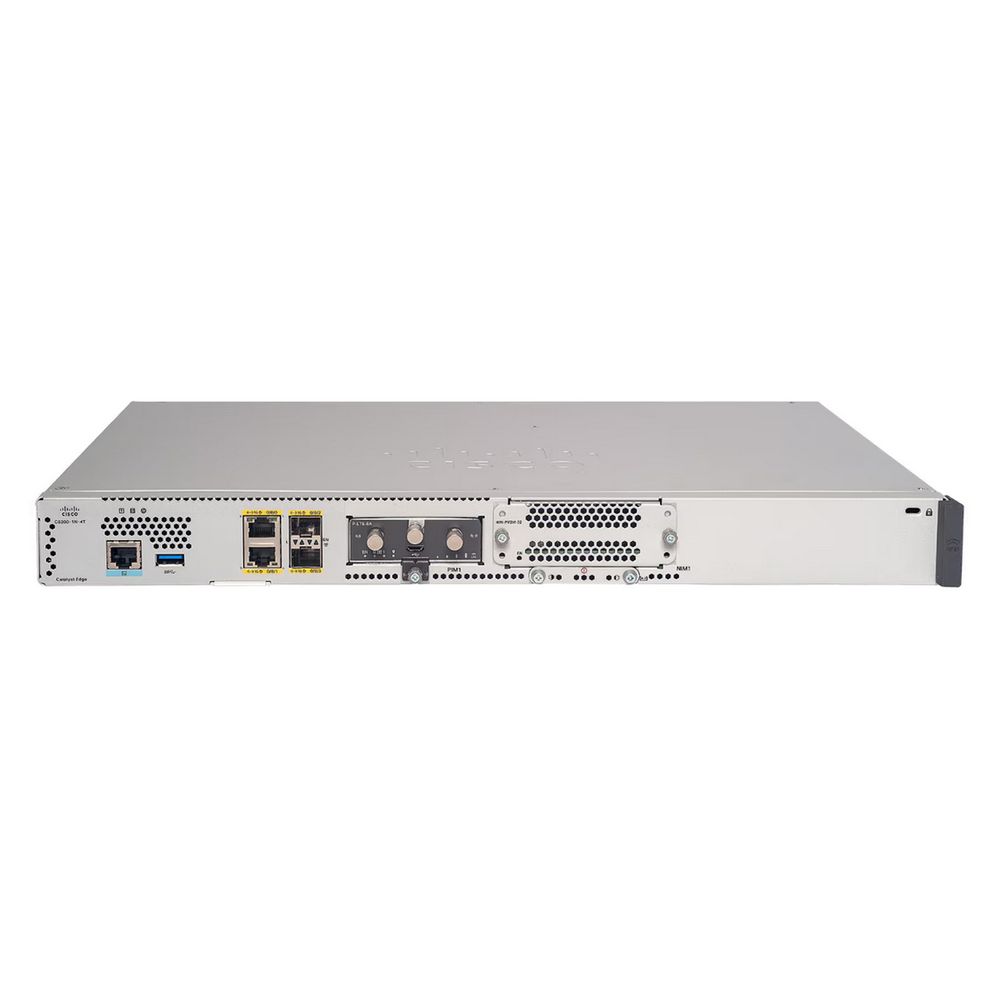 Маршрутизатор CISCO C8200 1RU w/ 1 NIM slot and 4x 1 Gigabit Ethernet WAN ports, HSEC License key (enables up to 1Gbps IPsec traffic), 8GB DRAM, 8GB FLASH, 16GB M.2 SSD, fixed 100W AC power supply