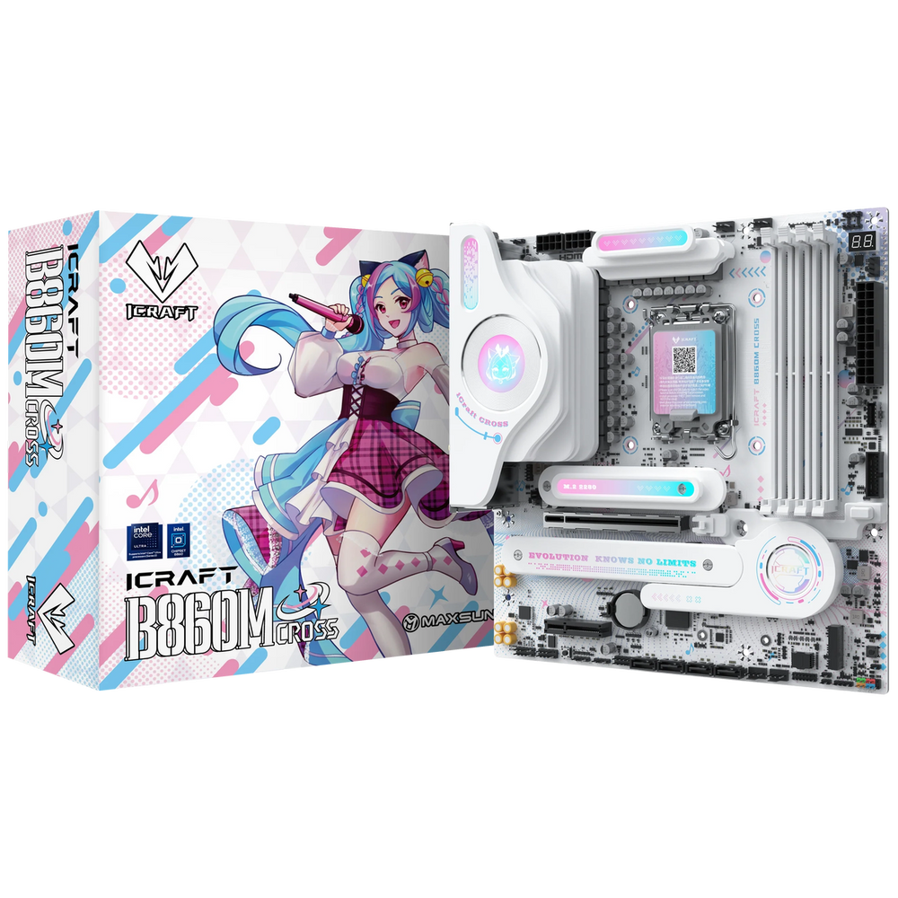Материнская плата Maxsun MS-iCraft B860M CROSS B860, LGA1851, 4*DDR5, 1*PCIEx16, 1*PCIEx4, 3*M.2, 1*TypeC, 8*USB3.2Gen2, 2*USB3.2Gen1, 3*USB2.0, 4*SATA3.0, 5G, Type-C(DP), DP, HDMI, M-ATX, RTL