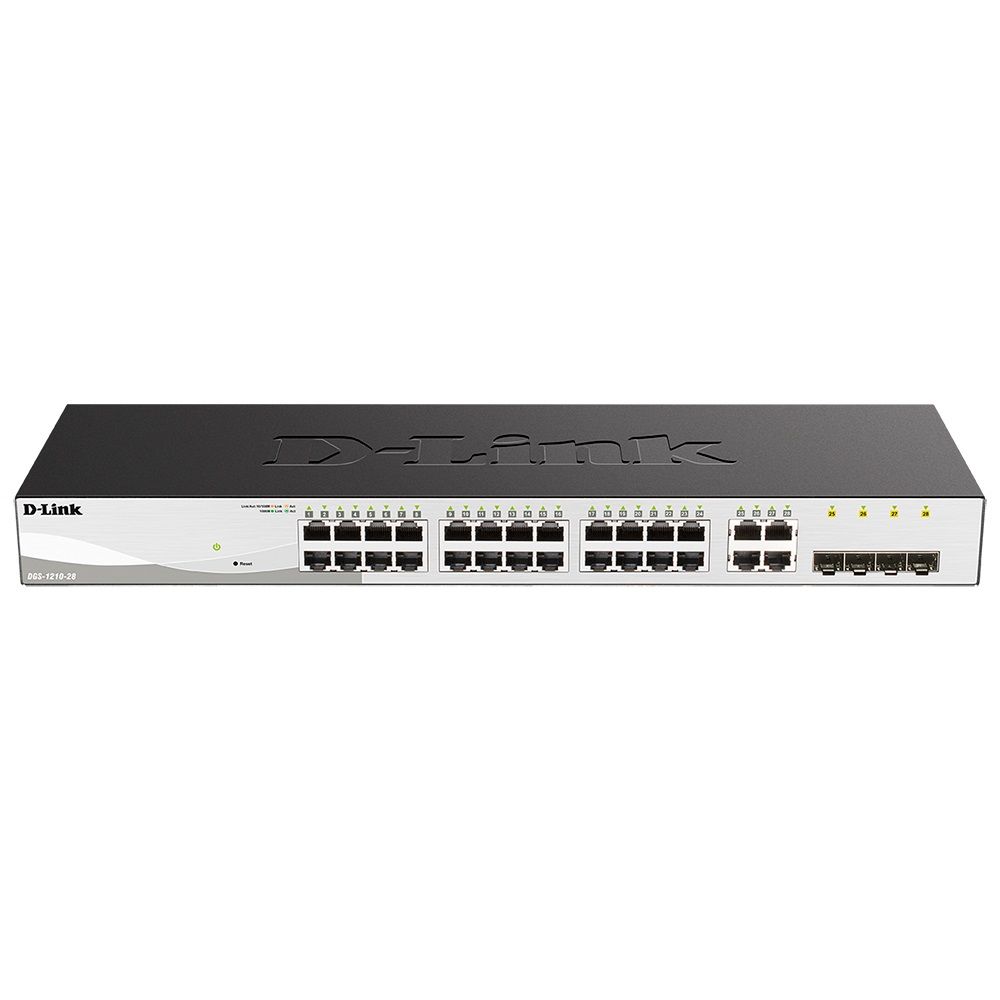 Коммутатор D-Link DGS-1210-28/F3A, L2 Smart Switch with 24 10/100/1000Base-T ports and 4 1000Base-T/SFP combo-ports.8K Mac address, 802.3x Flow Control, 256 of 802.1Q VLAN, VID range 1-4094, 4 IP Interface, 8 (DGS-1210-28/F3A)