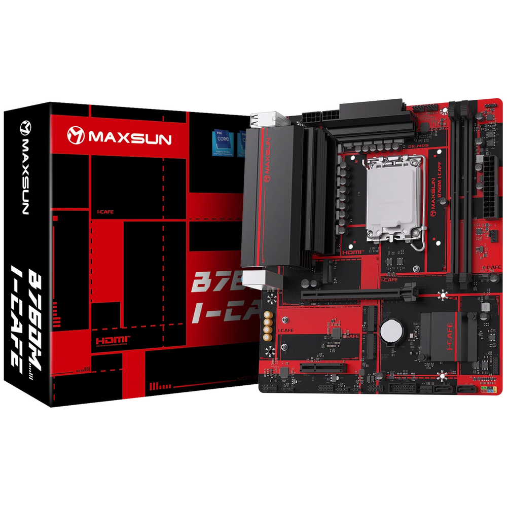 Материнская плата Maxsun MS-B760M I-CAFE B760, LGA1700, 2*DDR5, 1*PCIEx16, 1*PCIEx4, 3*M.2, 4*USB3.2Gen1, 8*USB2.0, 2*SATA3.0, 2.5G, DP, HDMI, M-ATX, RTL