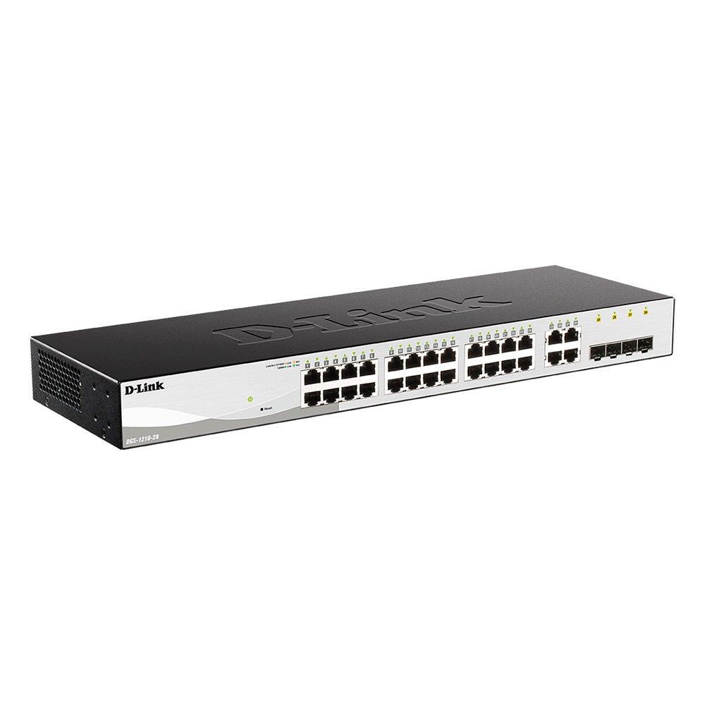 Коммутатор D-Link DGS-1210-28/F3A, L2 Smart Switch with 24 10/100/1000Base-T ports and 4 1000Base-T/SFP combo-ports.8K Mac address, 802.3x Flow Control, 256 of 802.1Q VLAN, VID range 1-4094, 4 IP Interface, 8 (DGS-1210-28/F3A)