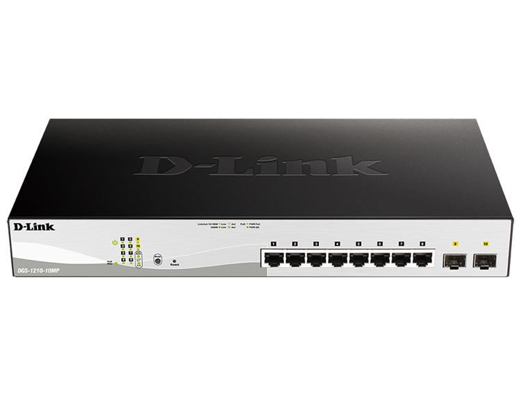 Коммутатор D-Link PROJ Smart L2 Switch 8х1000Base-T PoE, 2х1000Base-X SFP, PoE Budget 130W, Compact CLI (DGS-1210-10MP/F3A)