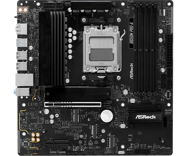 Материнская плата ASROCK B850M PRO-A, AM5, B850, 4*DDR5, 4*SATA, 4*M.2, 4*USB 2.0, 3*USB 3.2, 2*Type-C, 2*PCIx16, 1*M.2 (Key E), HDMI+DP, mATX