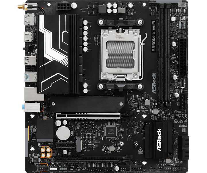 Материнская плата ASROCK B850M-X WIFI R2.0, AM5, B850, 2*DDR5, 4*SATA, 2*M.2, 2*USB 2.0, 3*USB 3.2, Type-C, 2*PCIx16, 1*M.2 (Key E), HDMI+DP, mATX