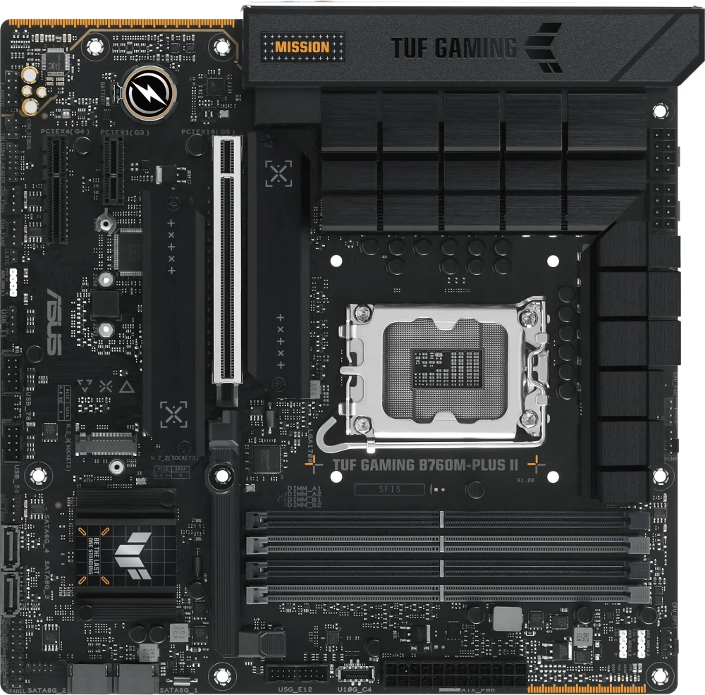 Материнская плата ASUS TUF TUF GAMING B760M-PLUS II, LGA1700, B760, 4*DDR5, HDMI+DP, 4xSATA3 + RAID, M2, Audio, Gb LAN, USB 3.2, USB 2.0, mATX; 90MB1HD0-M0EAY0 (TUF GAMING B760M-PLUS II)