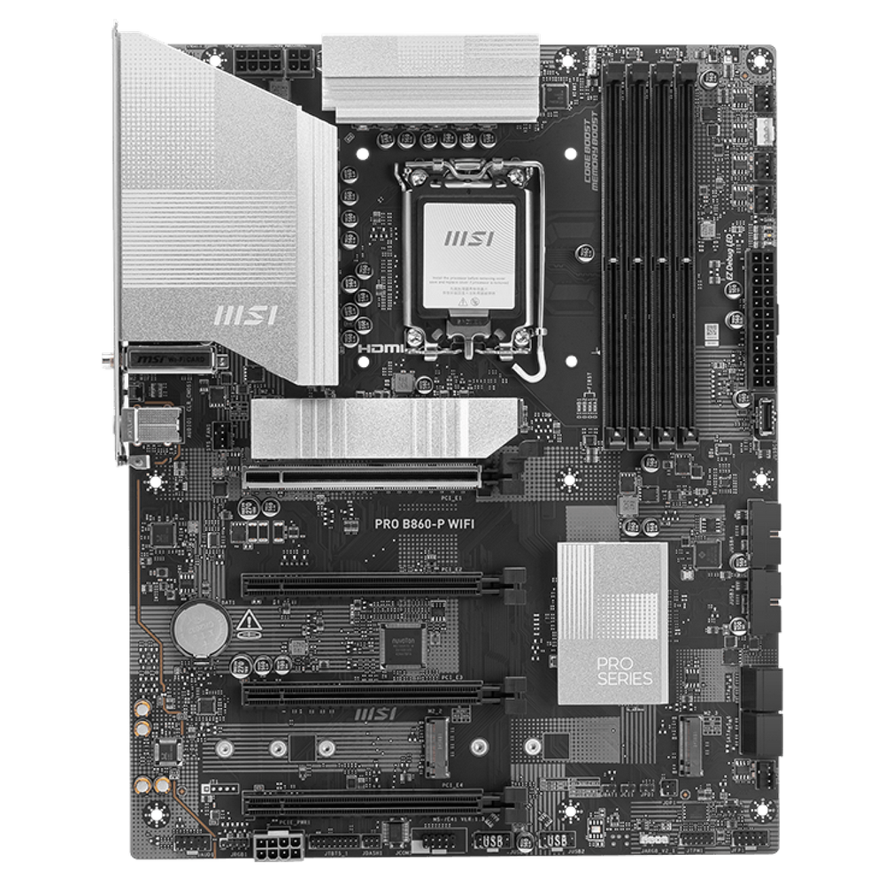 Материнская плата MSI PRO B860-P WIFI B860, LGA1851, 4*DDR5, 4*PCIEx16, 3*M.2, 1*TypeC, 2*USB3.2Gen2, 6*USB3.2Gen1, 8*USB2.0, 4*SATA3.0, 5G, Type-C DP, DP, HDMI, ATX, RTL