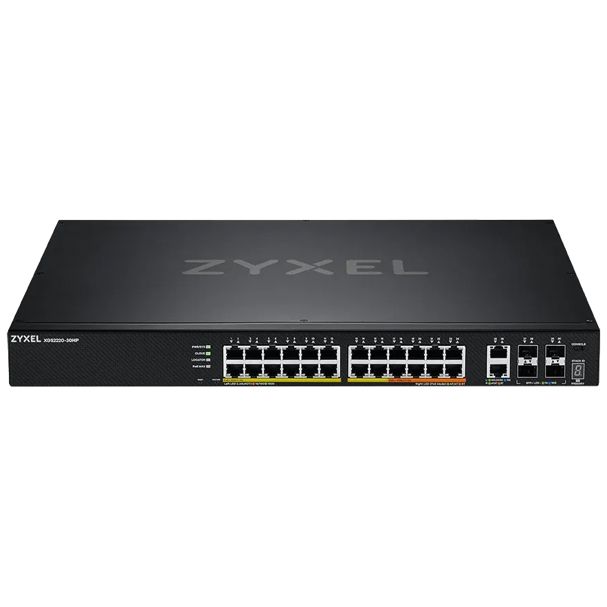 L3 Access коммутатор Zyxel NebulaFlex Pro XGS2220-30HP, rack 19", 24xRJ-45: 1G PoE+ (8 из них PoE++), 2xRJ-45: 1/2.5/5/10G PoE++, 4xSFP+, бюджет PoE 400 Вт (XGS2220-30HP-EU0101F)