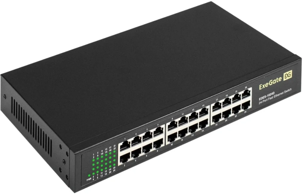 Exegate EX298692RUS Коммутатор неуправляемый ExeGate EDES-1024D (24-портовый UTP 10/100Mbps, металлический корпус, с возможностью установки в стойку)