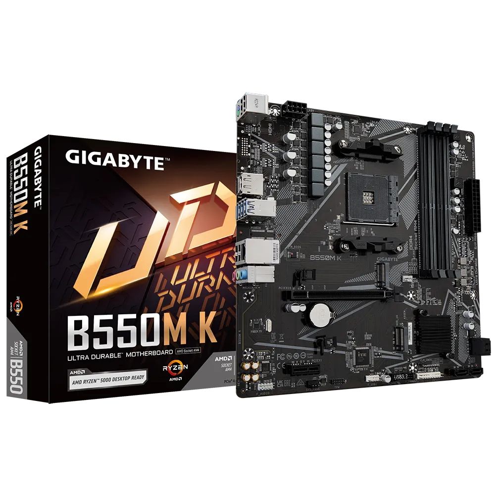 Материнская плата GIGABYTE B550M K, AM4, B550, 4*DDR4, DP+HDMI, 4 SATA 6 Гб/с, M2, Audio, Gb LAN, USB 3.2, USB 2.0, mATX (B550M K)
