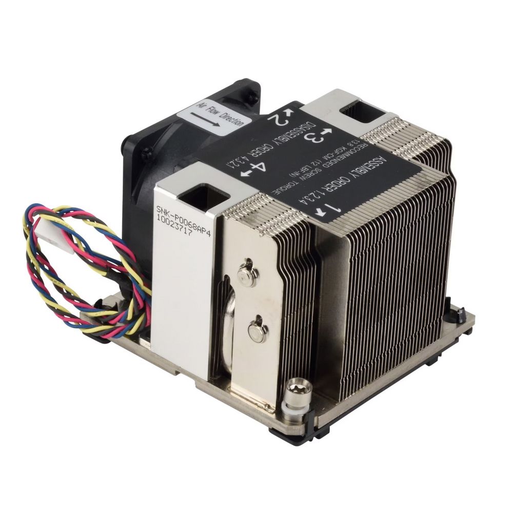 SNK-P0068AP4(with BK) TDP: 205W Product Dimensions:91L x 88W x 64.5H (mm) Product Material: AL1100+4PIPE+FAN Socket: LGA3647 Fan Dimensions:60x60x25mm; Fan Speed:6800RPM±10% Voltage: DC 12V Current: 0.5~0.55A±10% Power: 6.0~6.6W±10% Air Flow: 31.27~34.74
