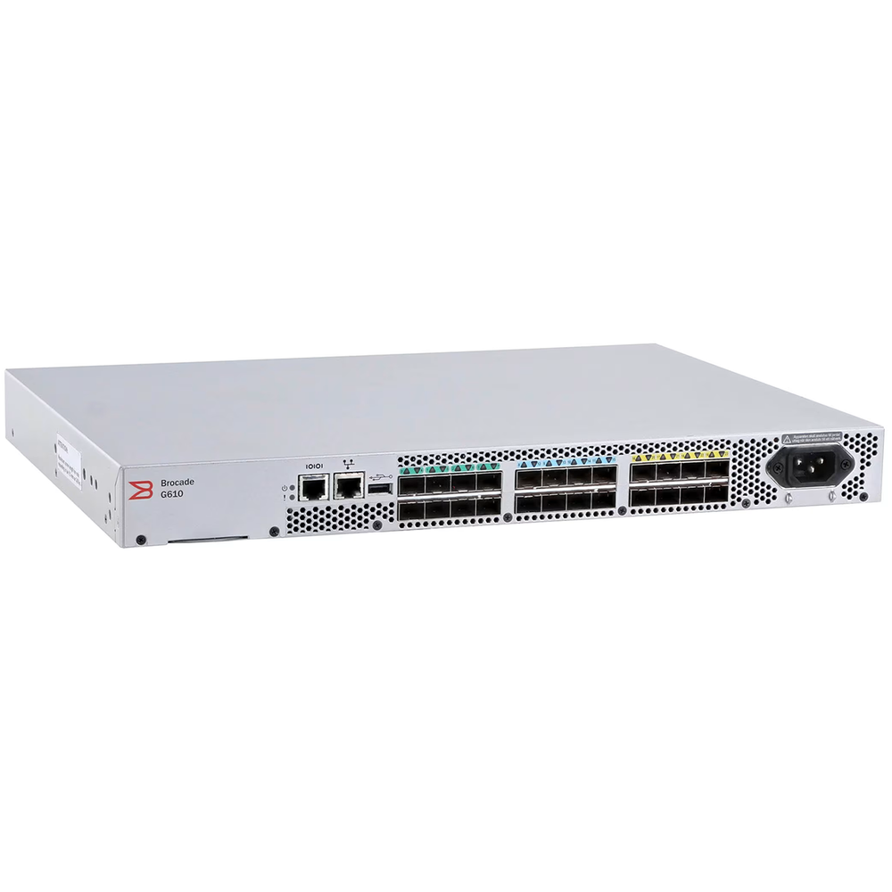 Коммутатор Brocade G610 24-port FC Switch, 8-port licensed, 8x 16Gb SWL SFP+, 1 PS, FOS Notupgradable, Rail Kit