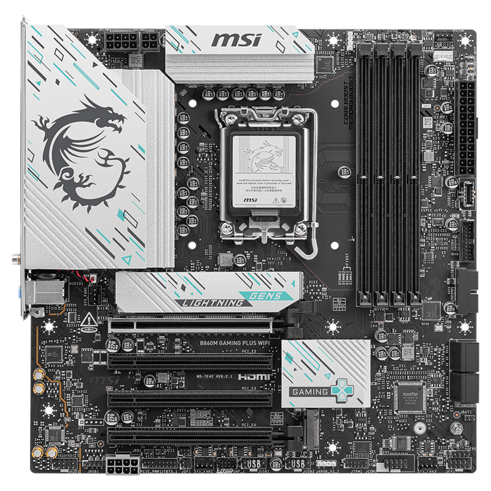 Материнская плата MSI B860M GAMING PLUS WIFI B860, LGA1851, 4*DDR5, 4*PCIEx16, 3*M.2, 1*TypeC, 1*USB3.2Gen2, 5*USB3.2Gen1, 6*USB2.0, 4*SATA3.0, 5G, Type-C DP, DP, HDMI, M-ATX, RTL